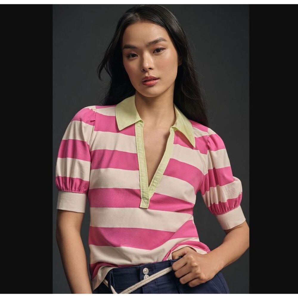 Maeve by Anthropologie Pink Striped Combo Top Shirt V-Neck Women's Size XS NWT